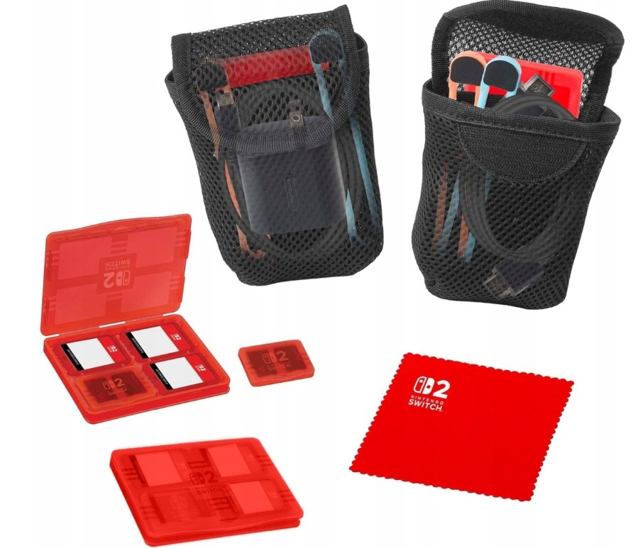 Obraz akcesoriów Nintendo Switch: czarne torby z siatki, czerwone etui na gry, ściereczka do czyszczenia i kartridże do gier na białym tle.
