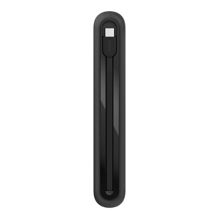 Un cable USB-C negro con parte superior e inferior redondeadas. El cable es vertical con un conector USB-C blanco en la parte superior.