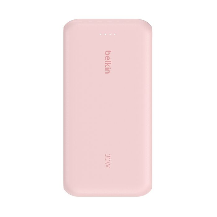 Un power bank rosa Belkin de 30W. El dispositivo es rectangular con bordes redondeados. El logotipo de Belkin está alineado verticalmente.