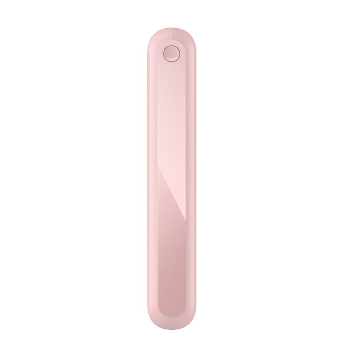 Un objeto largo, rosa, rectangular con extremos redondeados. Un pequeño botón circular en la parte superior. El fondo es blanco.