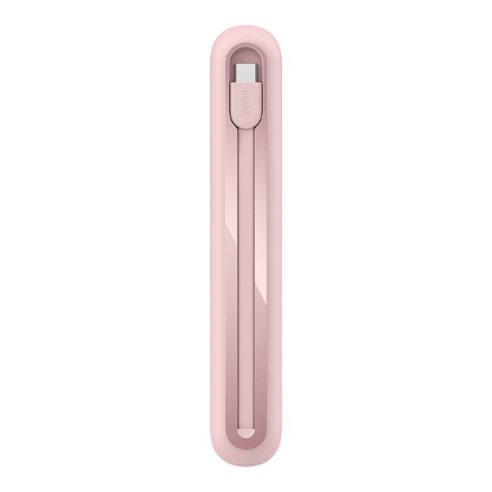 Un cable de carga rosa y su carcasa sobre un fondo blanco. El cable tiene un conector USB-C. La carcasa dice 'in/out'.