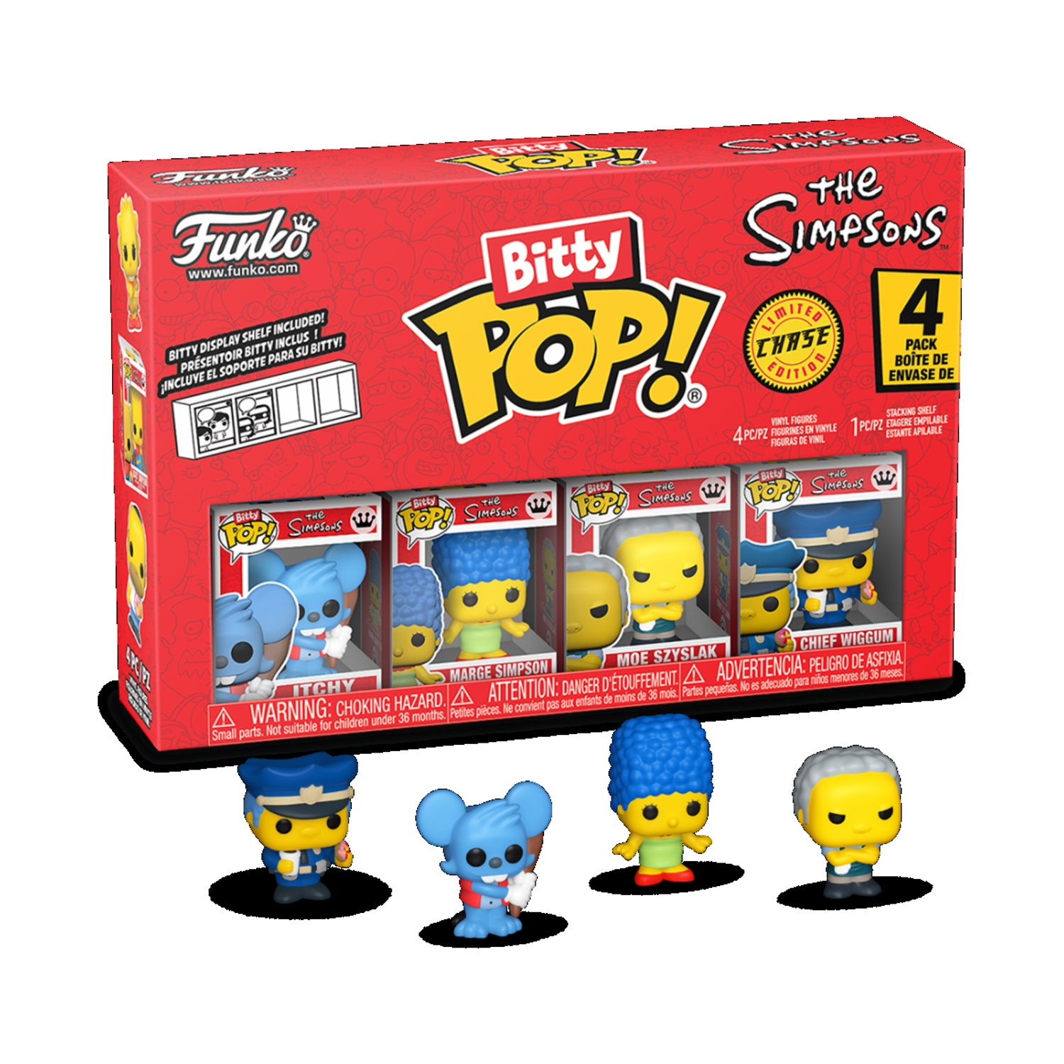 Set scatola Bitty Pop! dei Simpson con quattro personaggi: Itchy, Marge Simpson, Moe Szyslak e Chief Wiggum. La scatola è rossa.