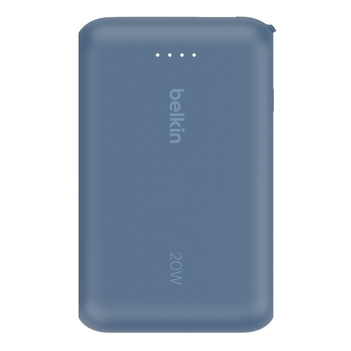 Un power bank azul Belkin de 20W. Tiene cuatro luces indicadoras y el logotipo de Belkin. La parte inferior muestra '20W'.