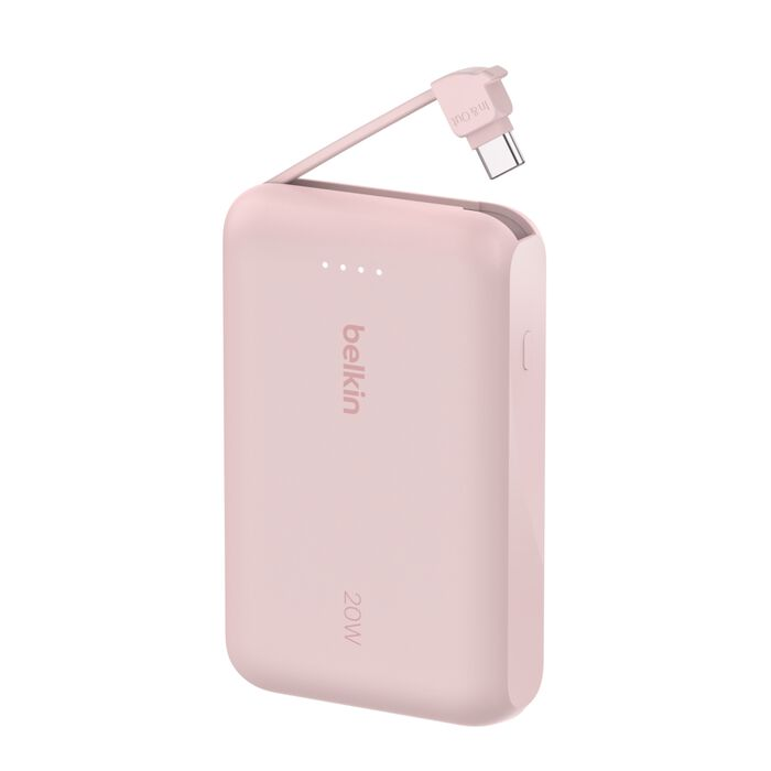 Un power bank rosa Belkin de 20W con un cable USB-C conectado. El power bank tiene un diseño elegante con el logotipo de Belkin.