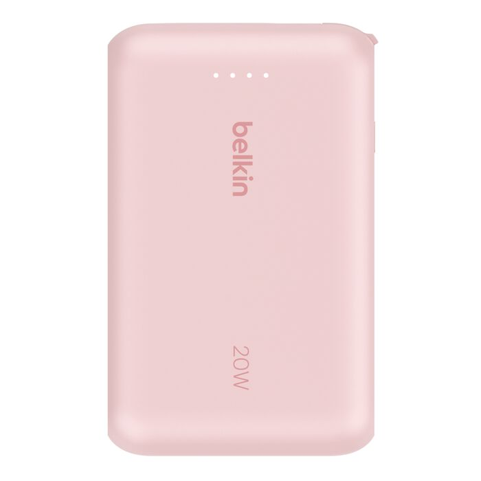 Un power bank rosa Belkin de 20W. Tiene el logotipo de Belkin y cuatro luces indicadoras en la parte superior.