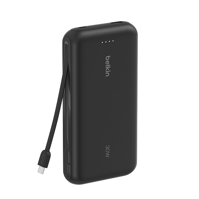 Banco de energía Belkin 30W negro. Tiene un cable USB-C y cuatro luces indicadoras blancas. El logotipo de Belkin es visible.