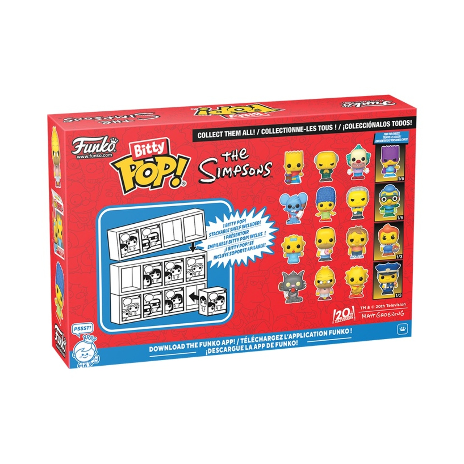 Scatola di personaggi Funko Bitty Pop!. Sono presenti i personaggi dei Simpson. Scatola rossa con più personaggi.