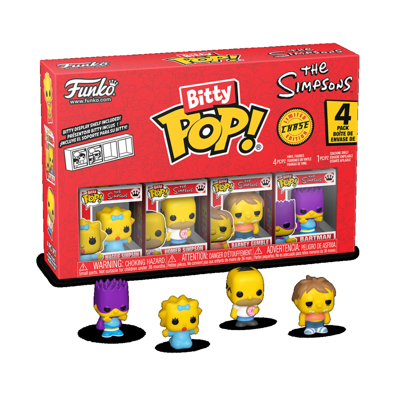 Un set di scatole di personaggi Bitty Pop dei Simpson. Include Maggie, Homer, Barney e Bartman. La scatola è rossa con logo giallo.