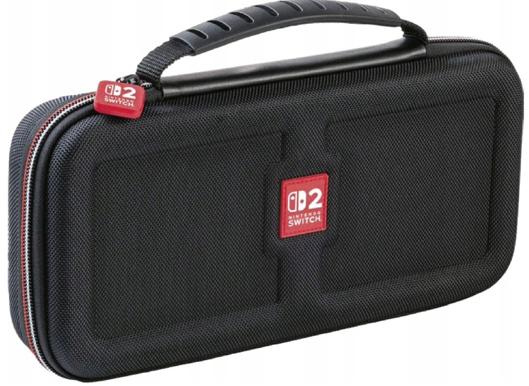 Czarny futerał do przenoszenia Nintendo Switch. Ma uchwyt, czerwony zamek błyskawiczny i czerwone logo Nintendo Switch.