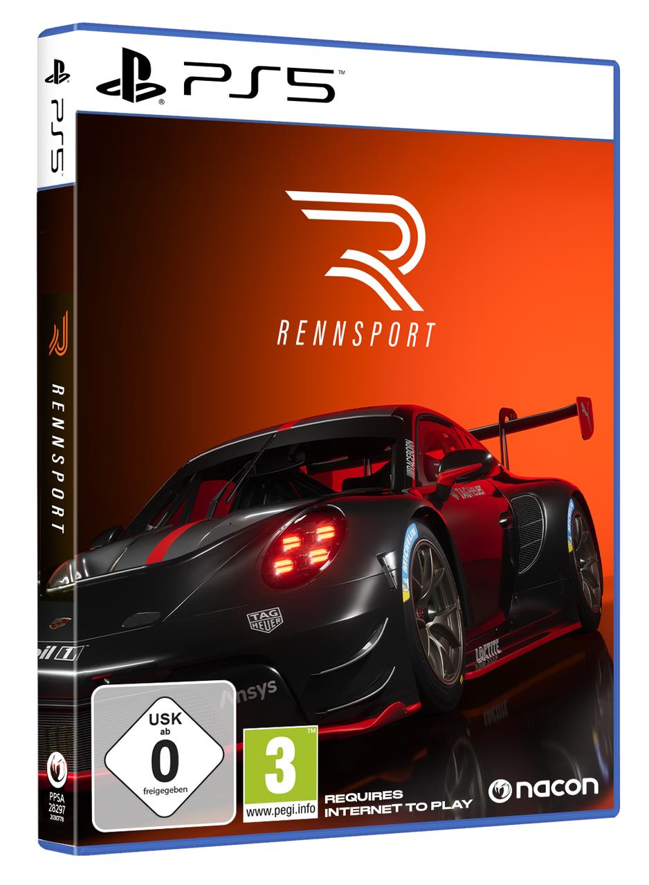 PS5 Rennsport-Spielbox. Schwarzes Rennauto mit roten Streifen. Oranger Hintergrund. Logos für USK, PEGI und Nacon.