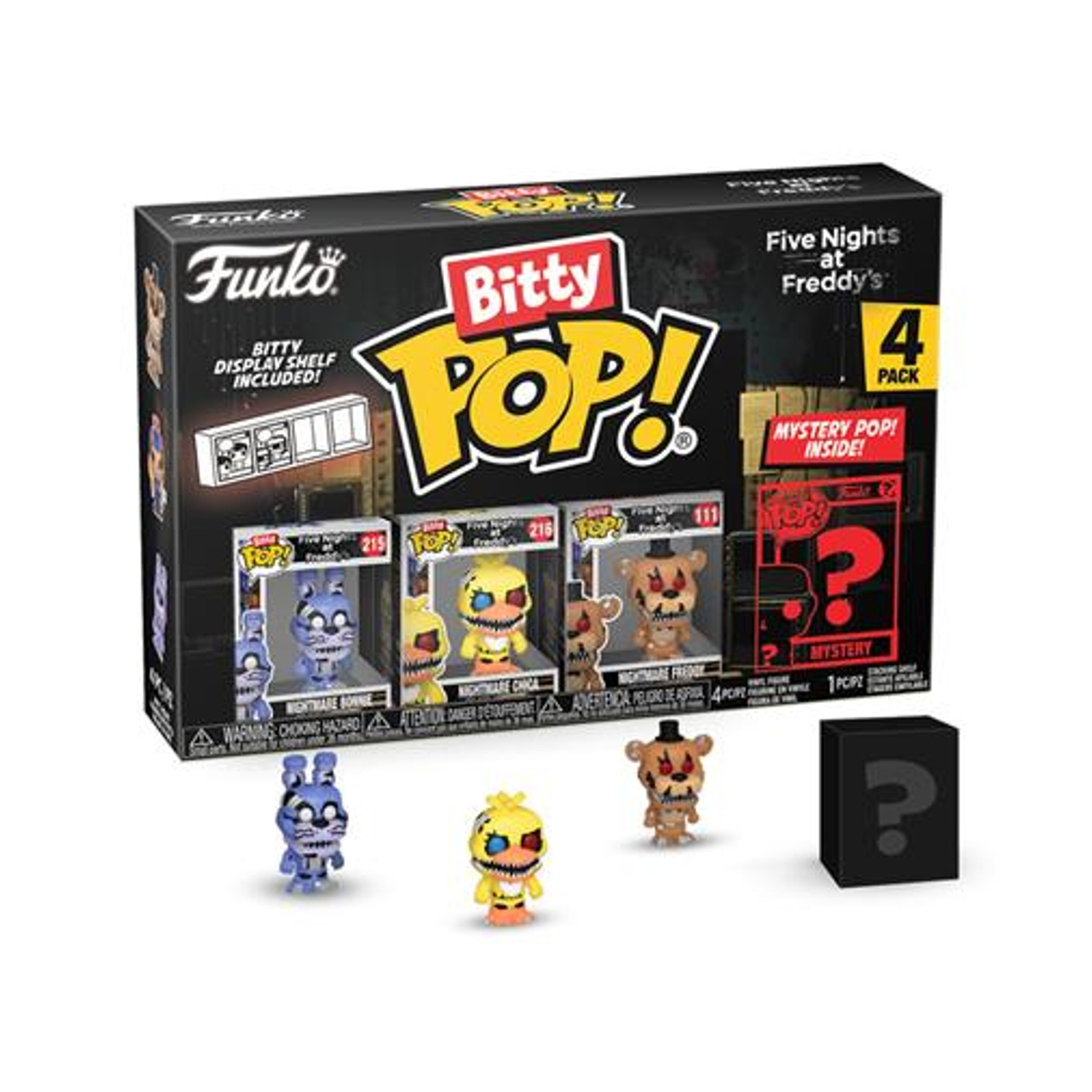 Una scatola Funko Bitty Pop! Five Nights at Freddy's da 4 pezzi. Include tre personaggi e una scatola misteriosa. La scatola ha un ripiano.