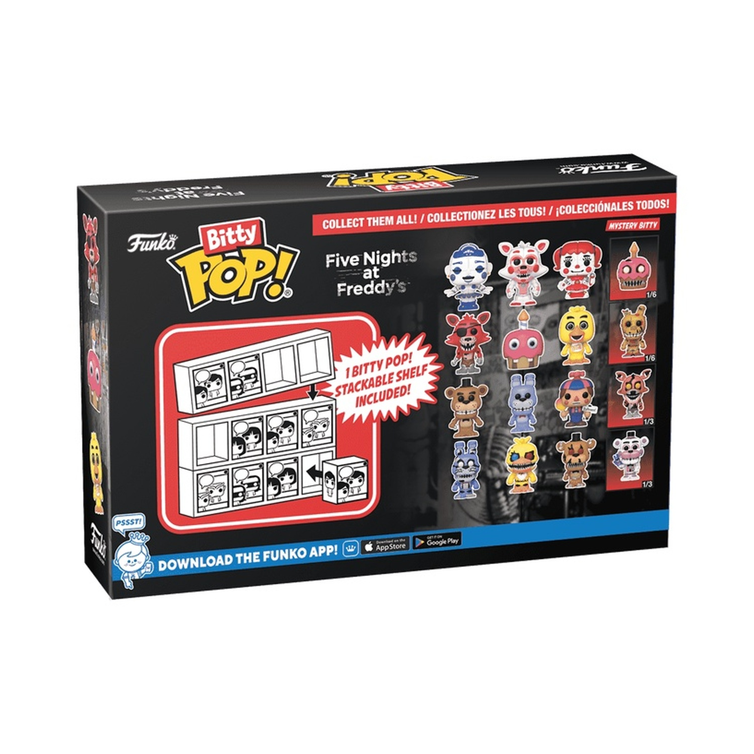 Scatola di personaggi Bitty Pop di Five Nights at Freddy's. Include una mensola impilabile. Sulla scatola sono raffigurate varie figure di personaggi.