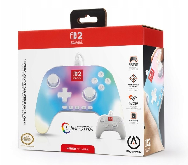 Pudełko kontrolera przewodowego PowerA do Nintendo Switch, ze zdjęciem kontrolera i wymienionymi funkcjami.