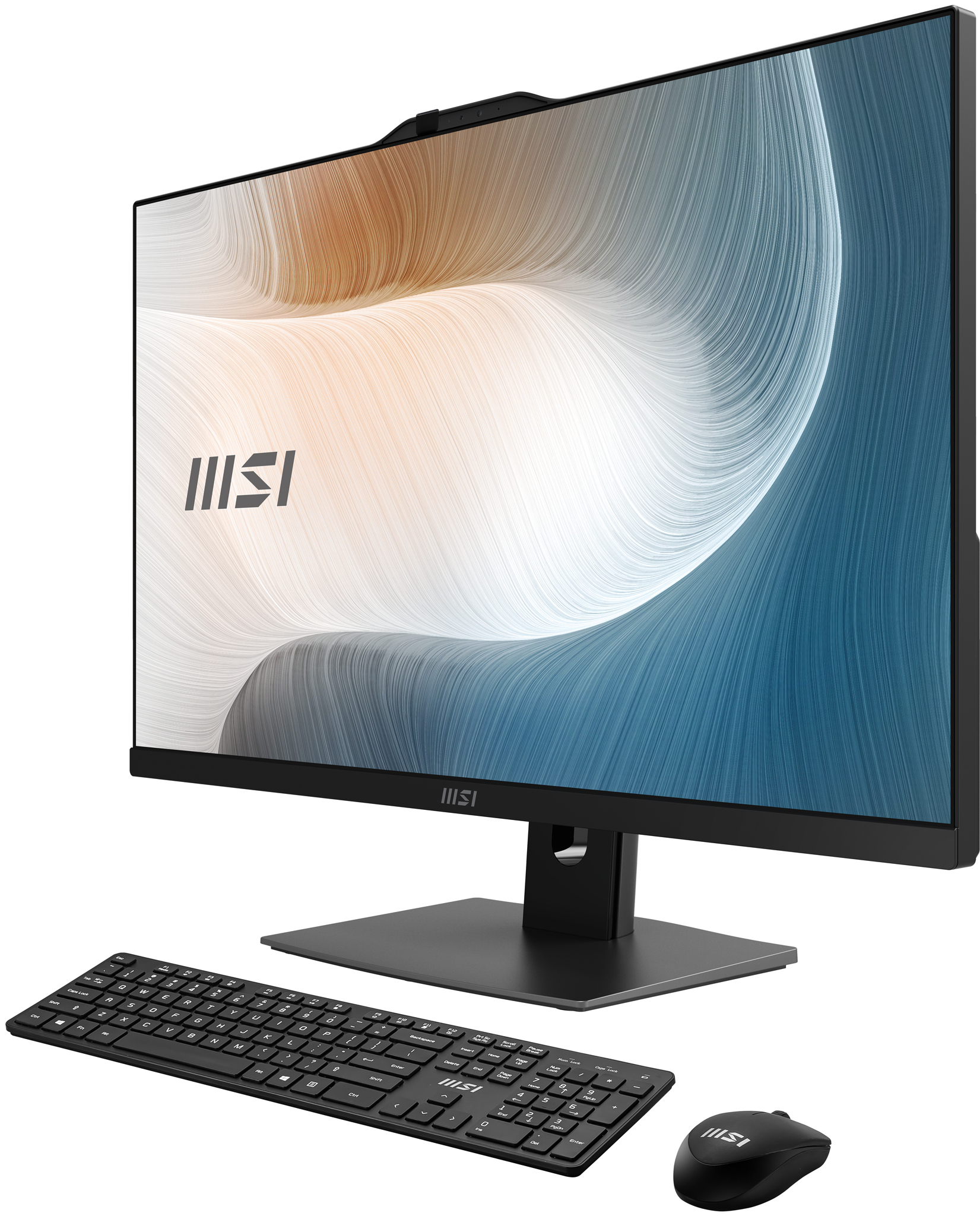 Ein MSI-All-in-One-Computer mit schwarzer Tastatur und Maus. Der Bildschirm zeigt ein wellenförmiges, abstraktes Design.