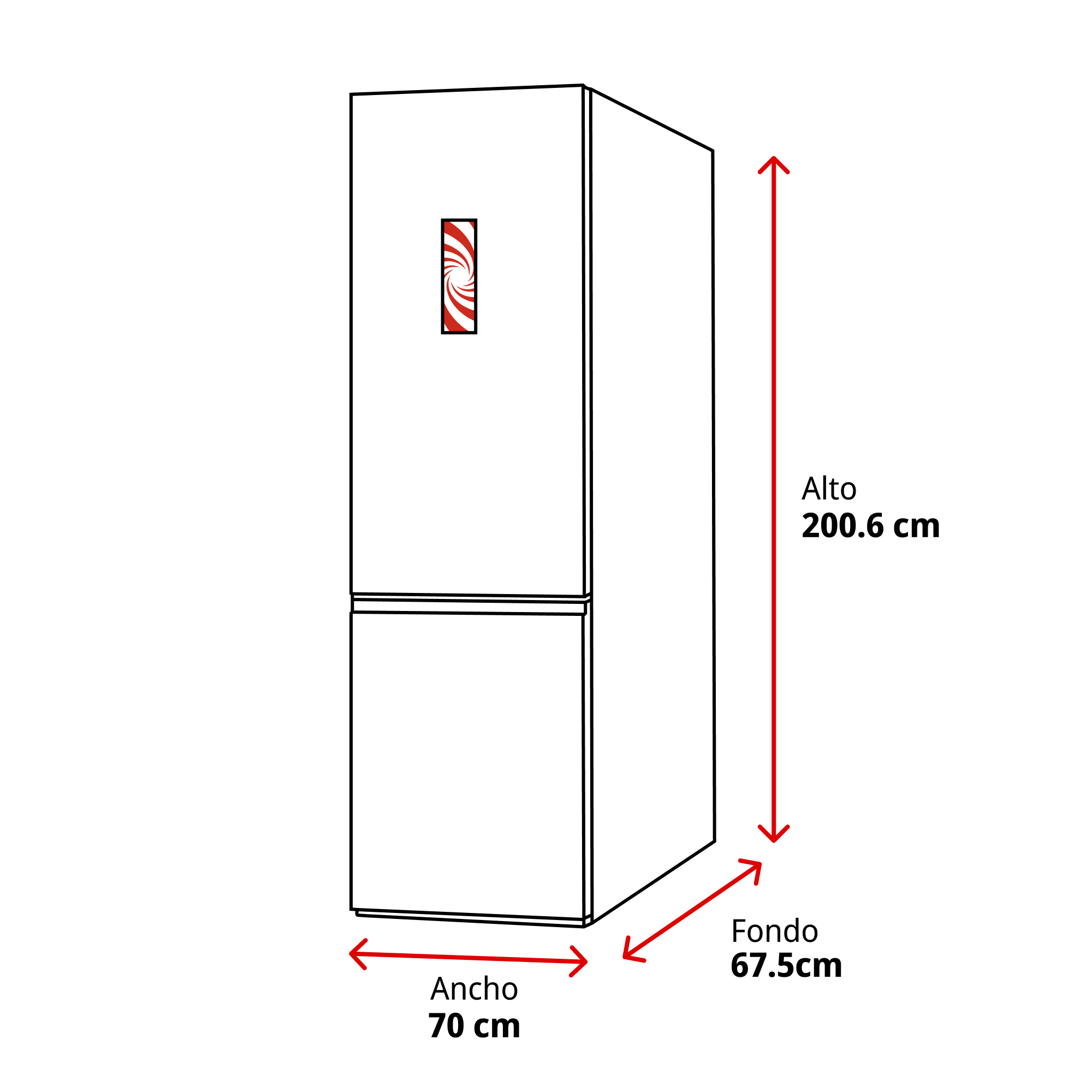 Un frigorífico blanco con dimensiones. Tiene un diseño rojo y blanco en la puerta. Medidas: 200,6 cm de alto, 70 cm de ancho y 67,5 cm de fondo.