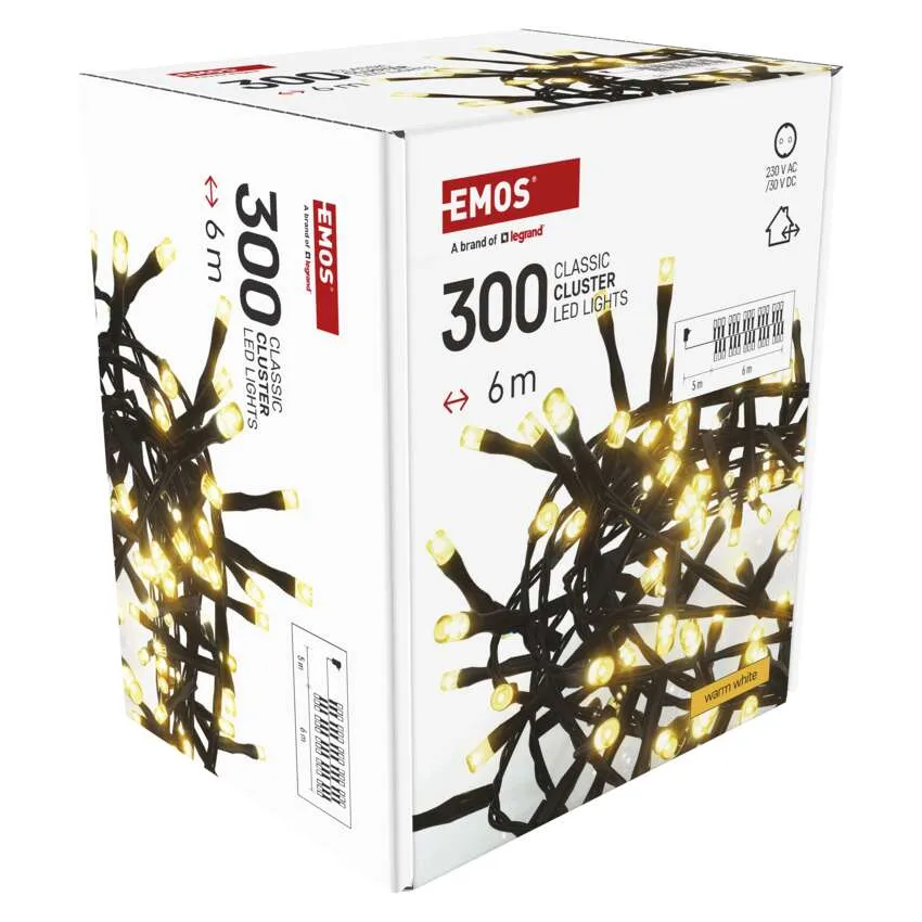 EMOS LED-es lámpák doboza. A doboz fehér, szöveggel és képekkel. A lámpák meleg fehérek. A doboz 300 darabot tartalmaz.