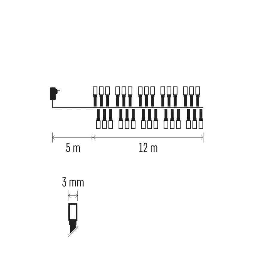 A diagram egy sor téglalapot mutat vonalakkal összekötve, 5m, 12m és 3mm méretekkel. Bal oldalon egy dugó található.