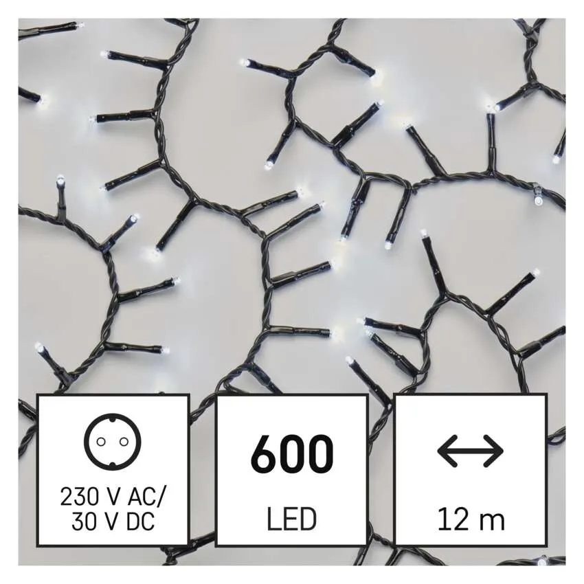 Füzérfények fehér LED-ekkel fekete vezetéken. Elektromos információkat és specifikációkat tartalmaz: 600 LED, 12 m, 230 V AC/30 V DC.