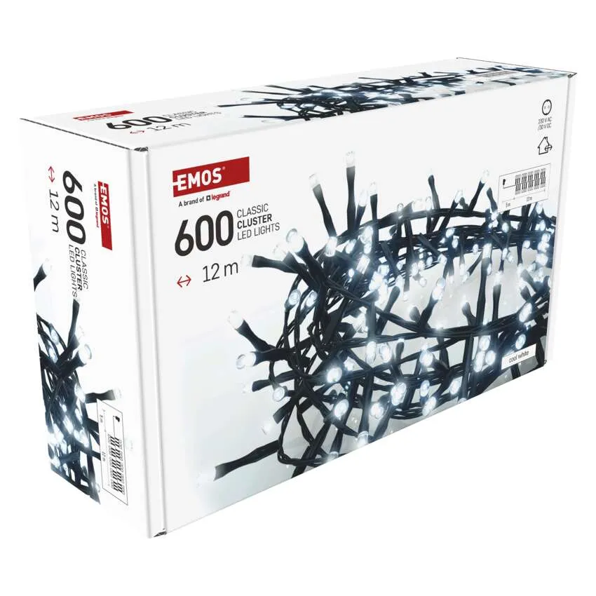 Egy doboz 600 LED-es lámpával. A doboz fehér, szöveggel és a lámpák képével. A lámpák fehérek és feketék.