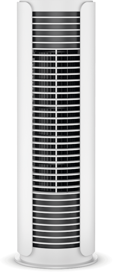Un ventilatore a torre bianco con feritoie nere. Il ventilatore ha una base arrotondata e un telaio bianco.