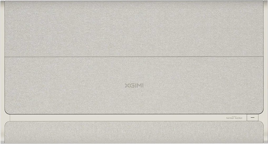 Un appareil rectangulaire avec une surface texturée, avec le logo XGIMI et la marque Harman Kardon.