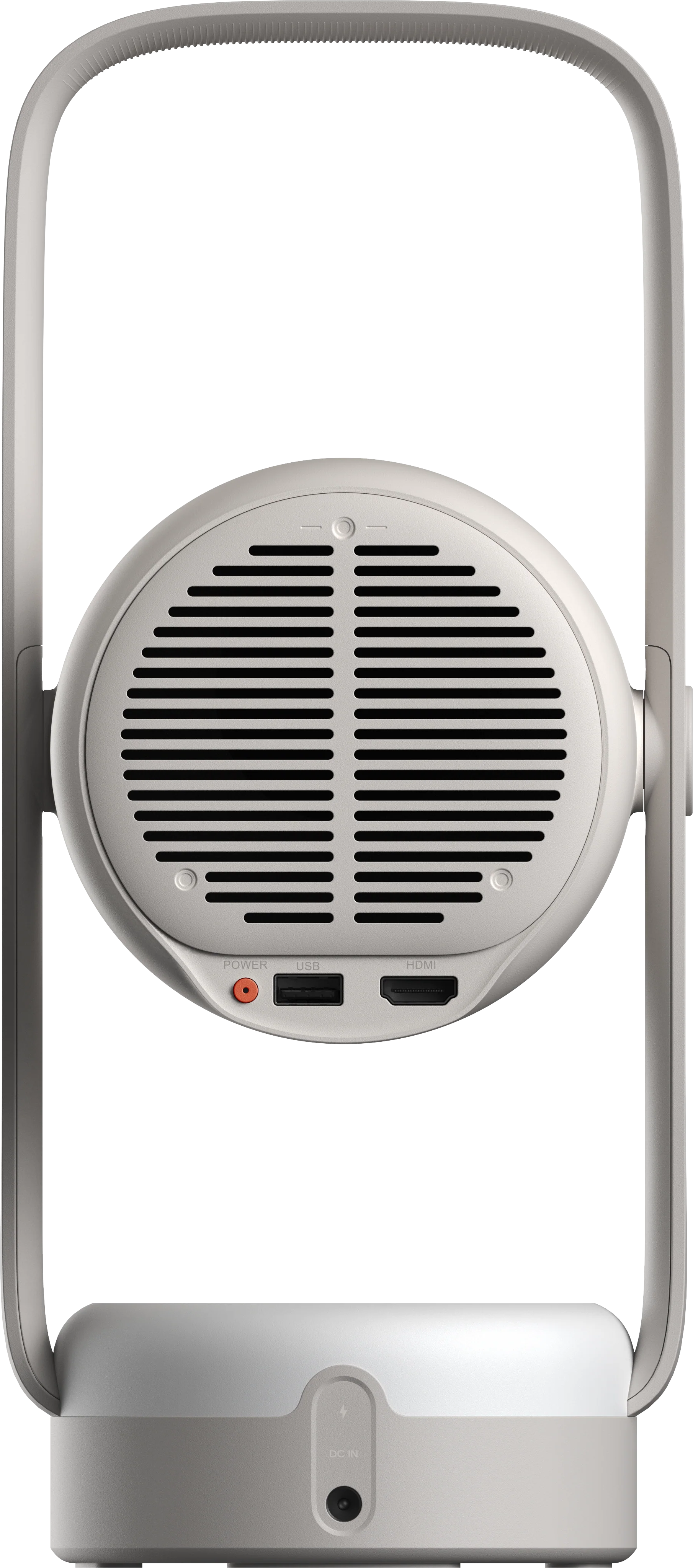 Un appareil blanc et circulaire avec une poignée. Il possède un haut-parleur, des ports USB et HDMI et un bouton d'alimentation. Le fond est noir.