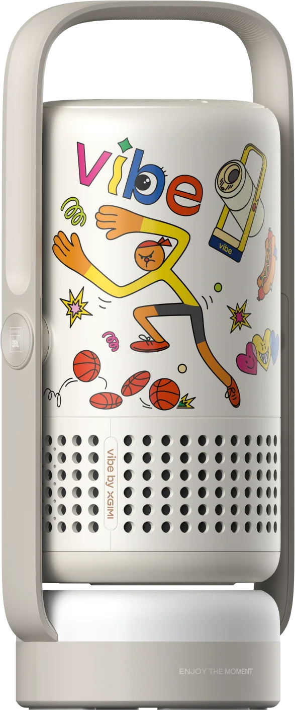 Haut-parleur blanc avec poignée. Il présente des graphiques de dessins animés colorés. Le haut-parleur a une poignée blanche et une base blanche.