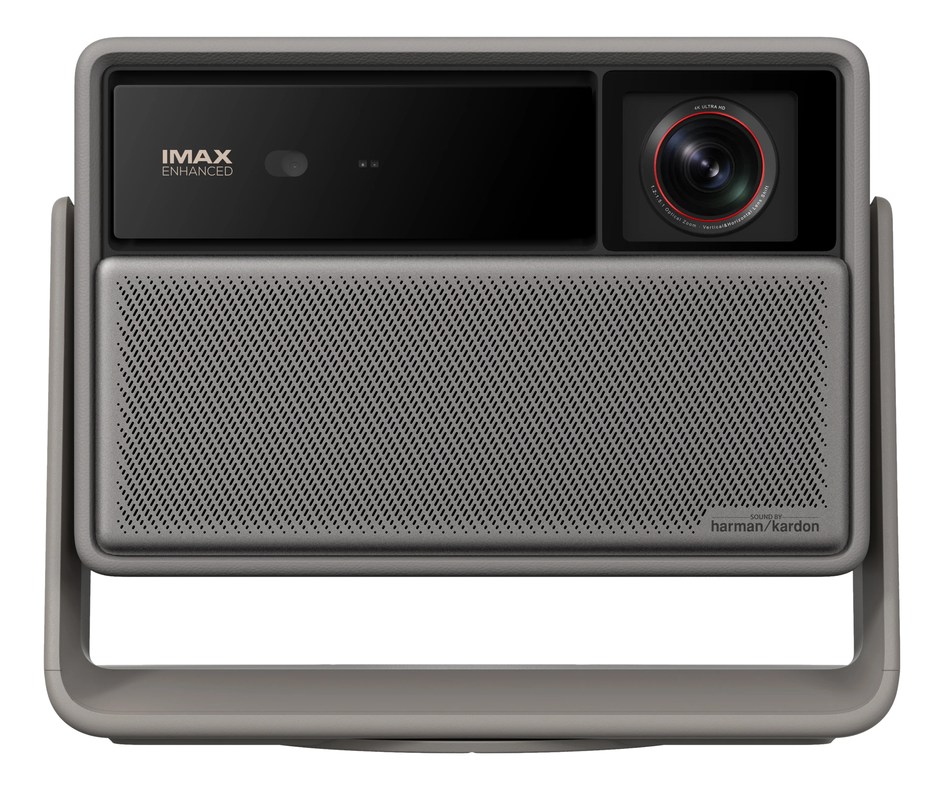 Ein grauer Projektor mit IMAX Enhanced. Er hat ein Objektiv, einen Lautsprechergrill und den Text 'Sound by harman/kardon'.
