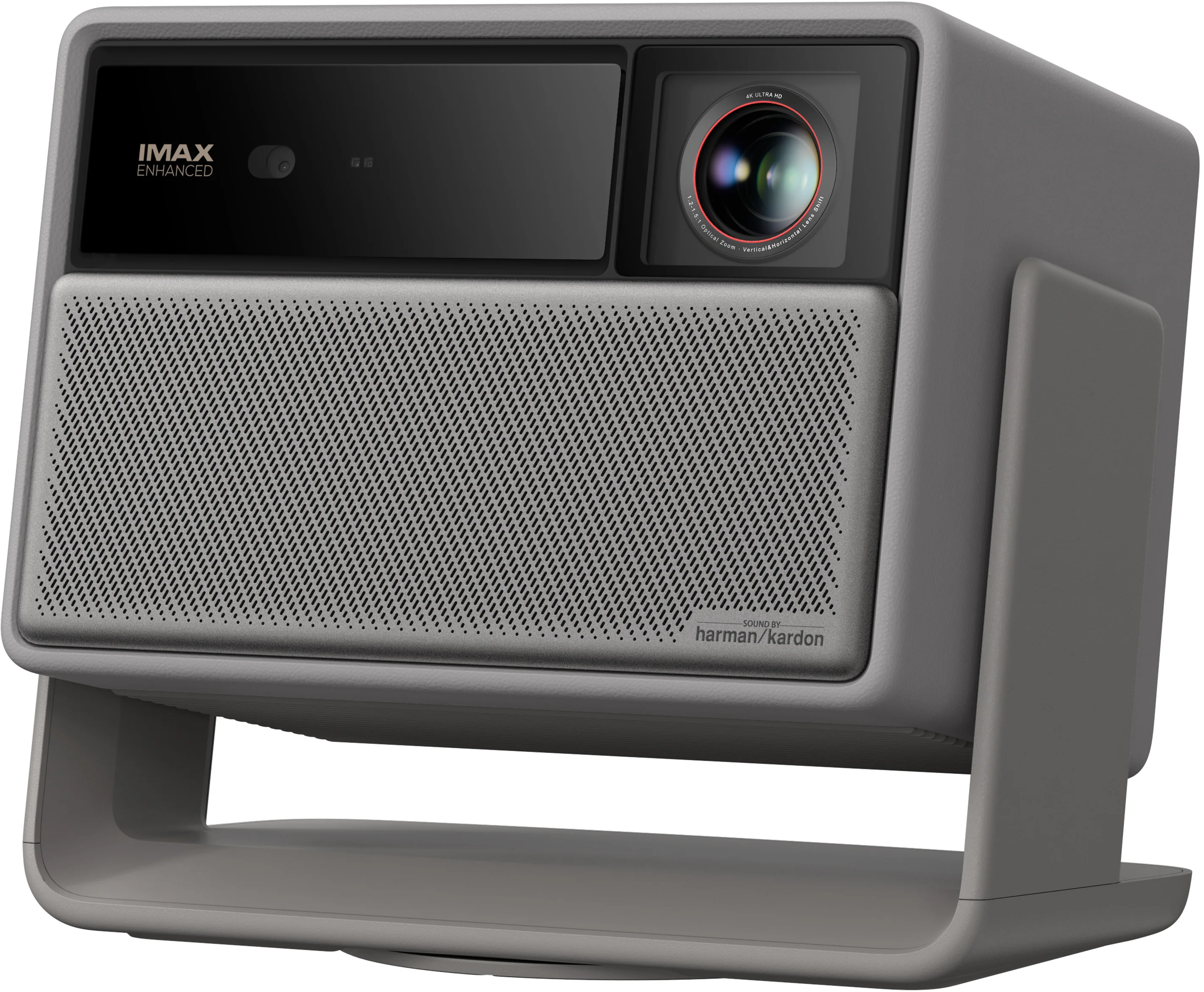 Ein grauer Projektor mit IMAX Enhanced Logo, Linse und Lautsprechergrill. Er wird von einem Ständer getragen.