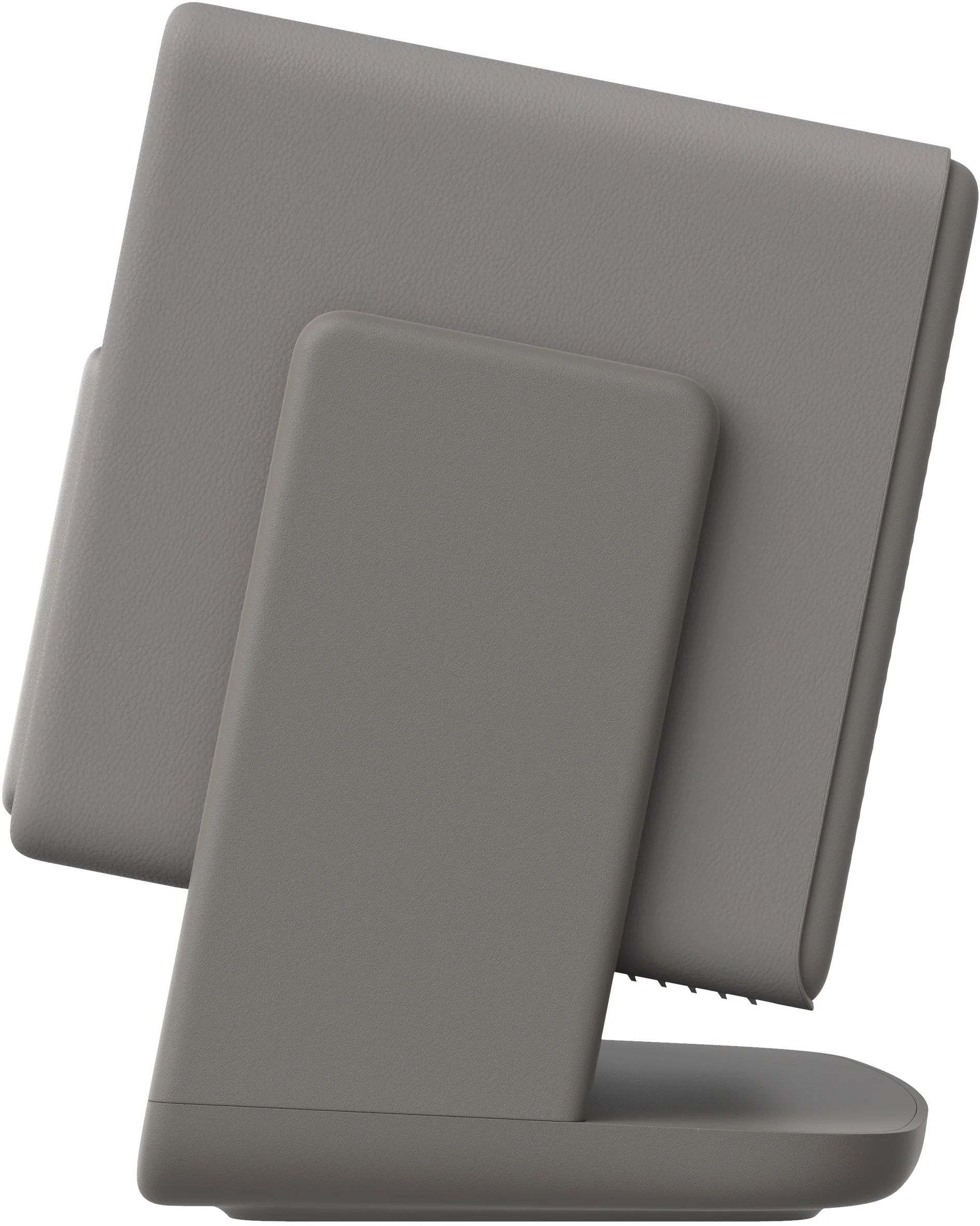 Ein grauer Tablettenständer mit einem Tablet darin. Der Ständer hat einen Sockel und eine Rückenstütze. Das Tablet ist hinten.