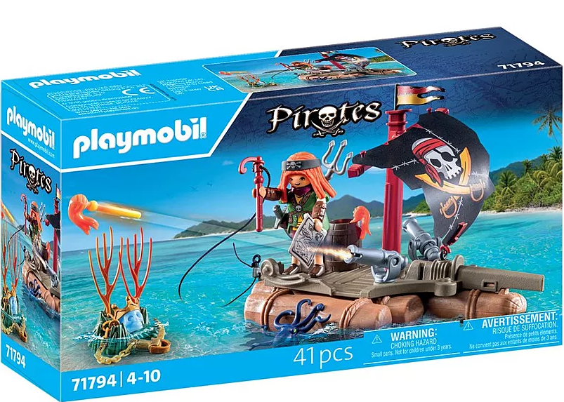 Playmobil Piraten-Set. Eine Piratenfigur auf einem Floß mit Kanonen, Totenkopfflagge und Ozeanelementen im Hintergrund.