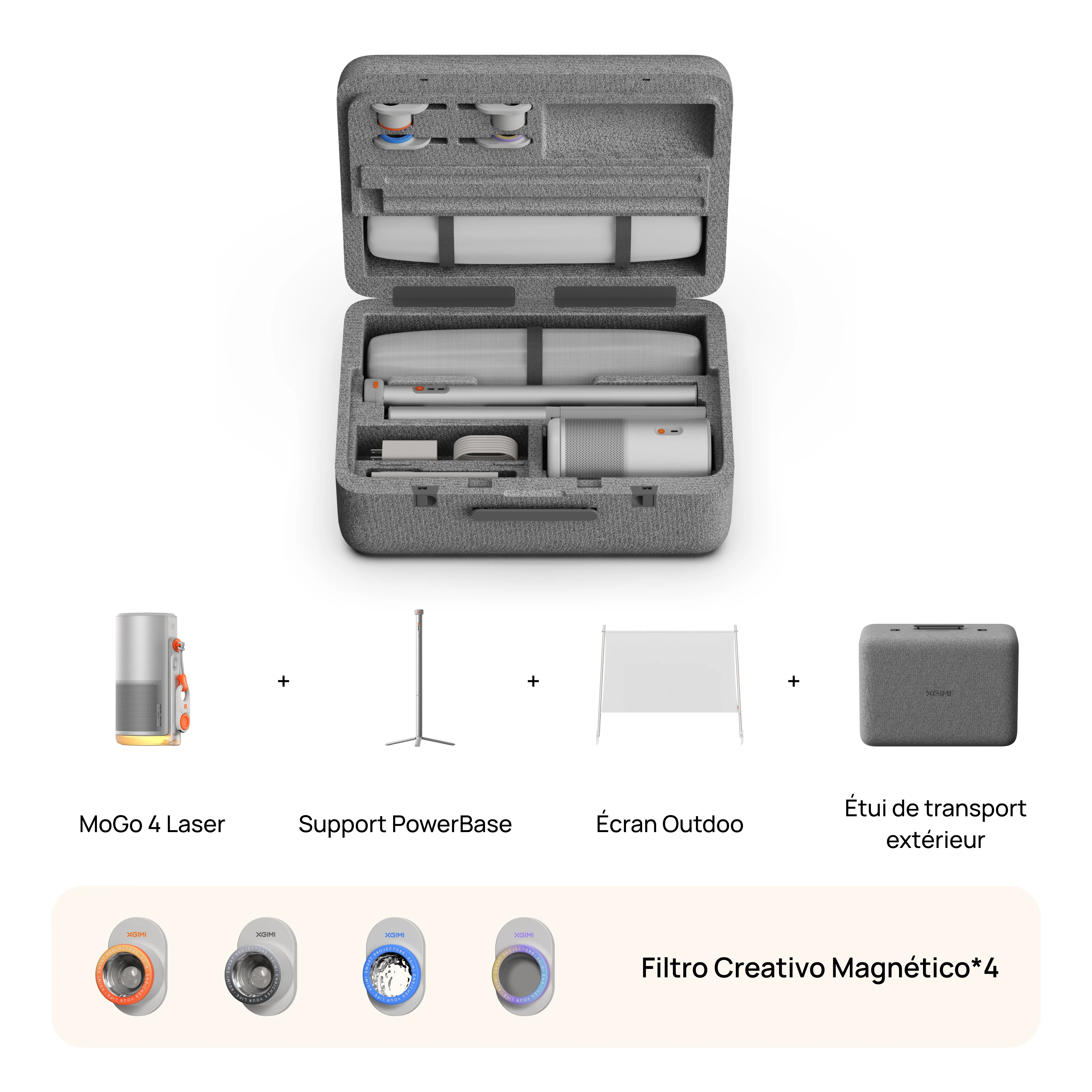 Das Bild zeigt ein Projektor-Kit mit verschiedenen Komponenten, darunter ein Gehäuse, ein Projektor, ein Ständer, eine Leinwand und Filter.