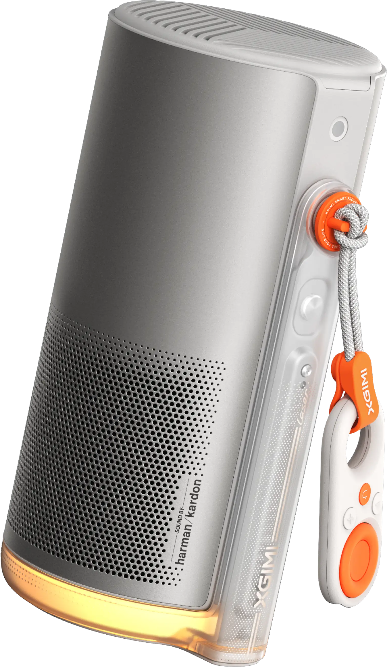 Ein silberner und grauer XGIMI-Smart-Projektor. Er hat einen Griff und eine Fernbedienung. Das Design ist modern mit orangefarbenen Akzenten und einem Lautsprecher.