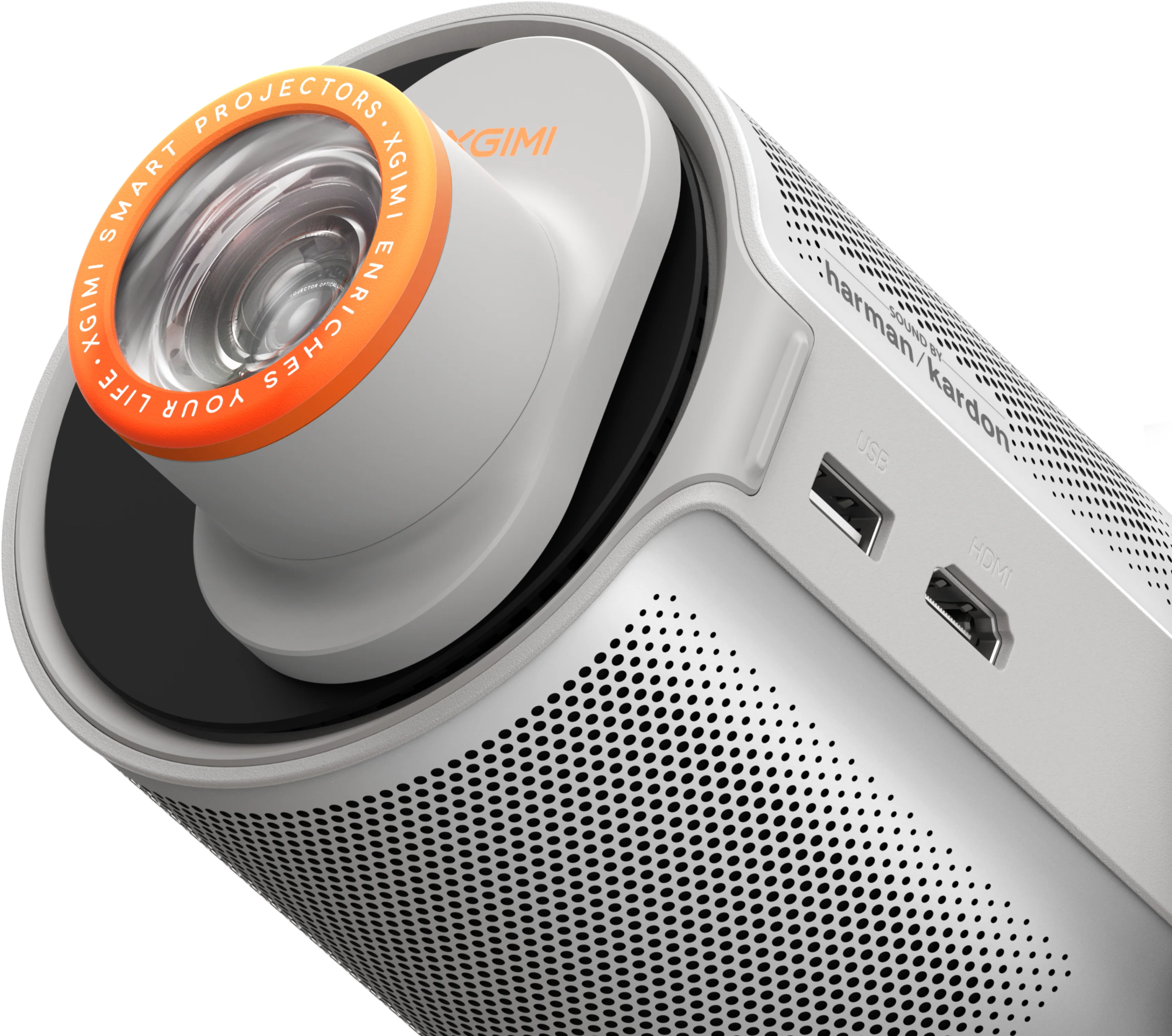 Ein weißer XGIMI-Smart-Projektor mit einem orangefarbenen Ring um das Objektiv. Es hat USB- und HDMI-Anschlüsse.