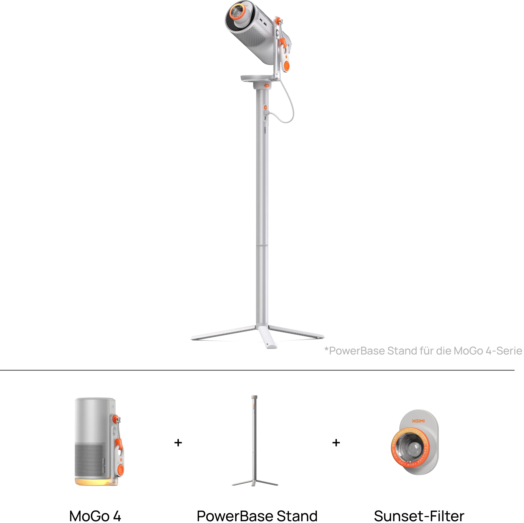 Un projecteur sur pied, avec accessoires en dessous. Le projecteur est argenté et orange. Accessoires : un haut-parleur, un pied et un filtre.