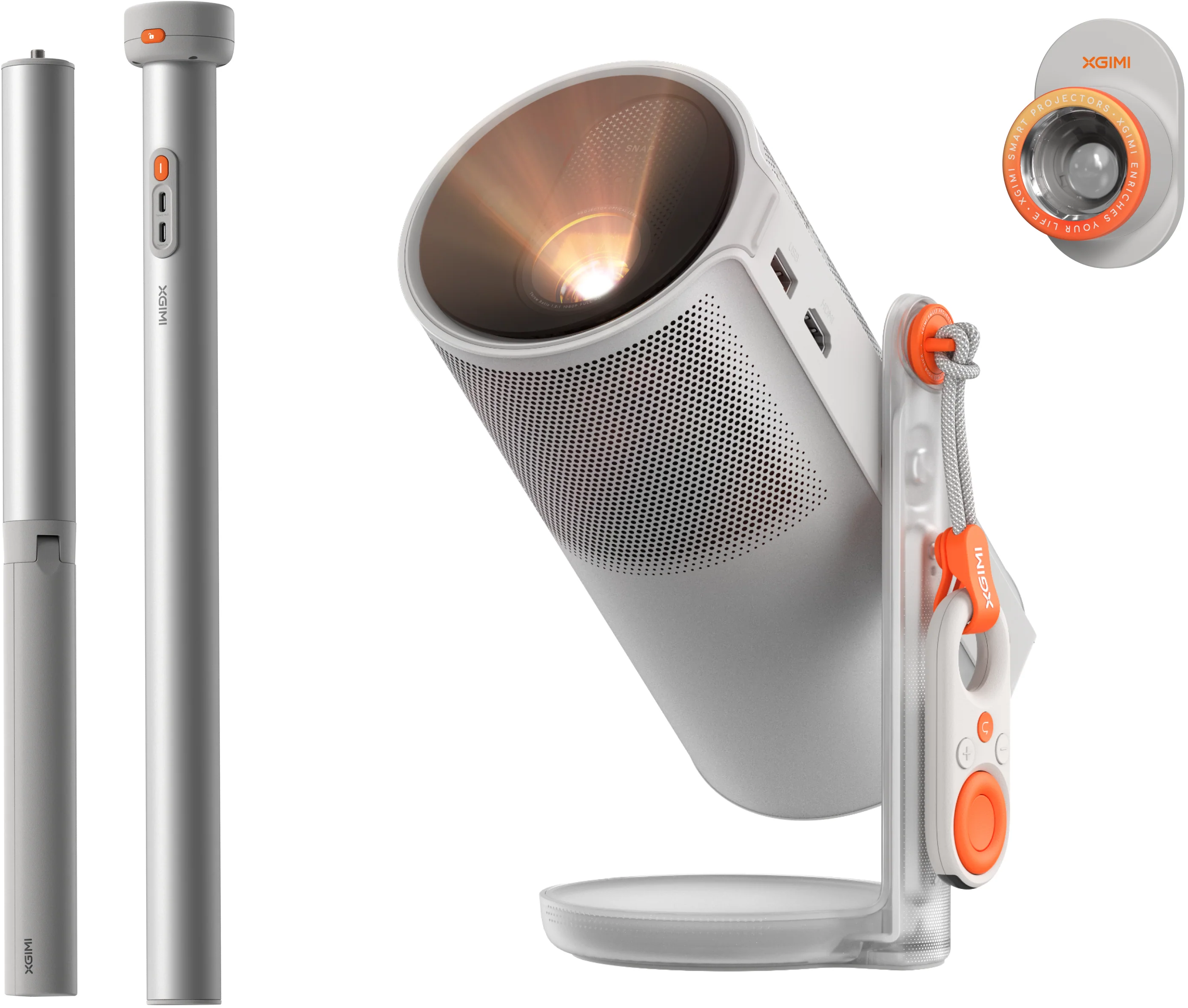 Un projecteur XGIMI blanc avec un détail orange. Sur la gauche, il y a un support. Le fond est blanc.
