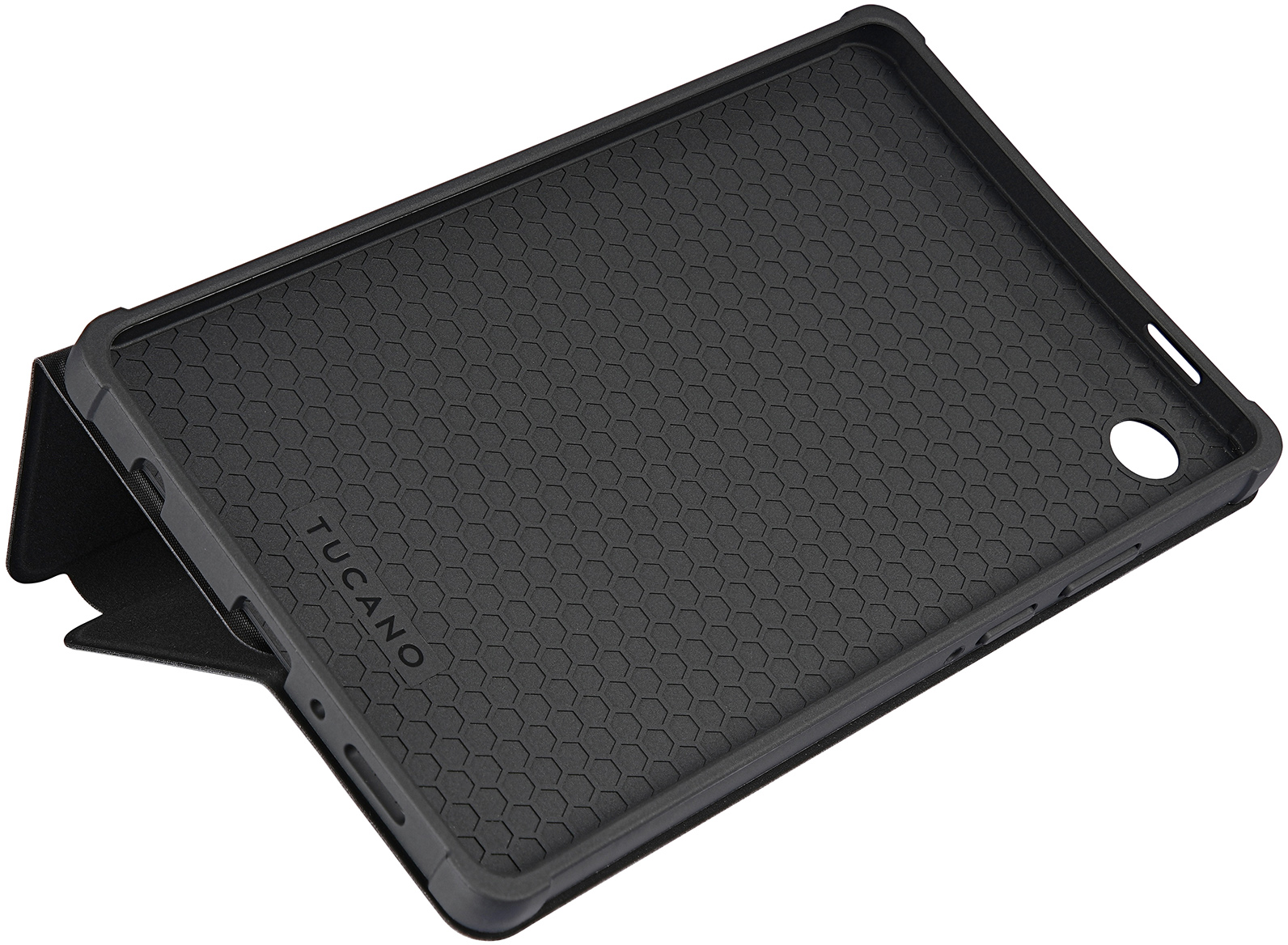 Schwarze Tablet-Hülle mit Wabenmuster und dem Wort TUCANO. Sie ist geöffnet und gibt das Innere frei. Die Hülle befindet sich auf weißem Untergrund.