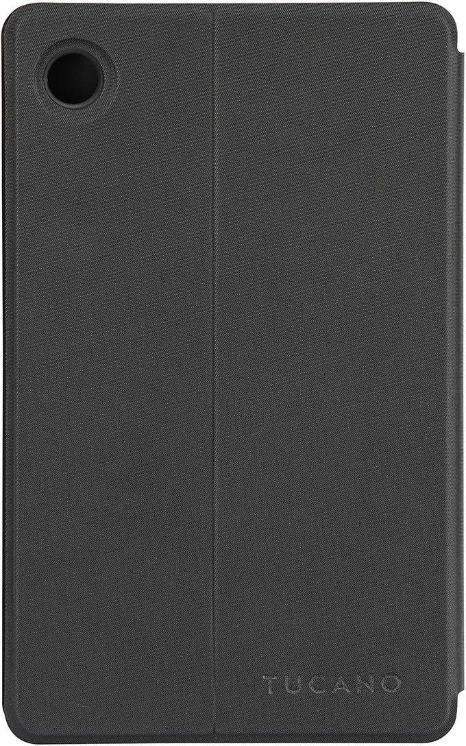 Eine geschlossene, schwarze Tablethülle mit einem Kamerloch. Der Markenname 'TUCANO' ist unten rechts sichtbar.