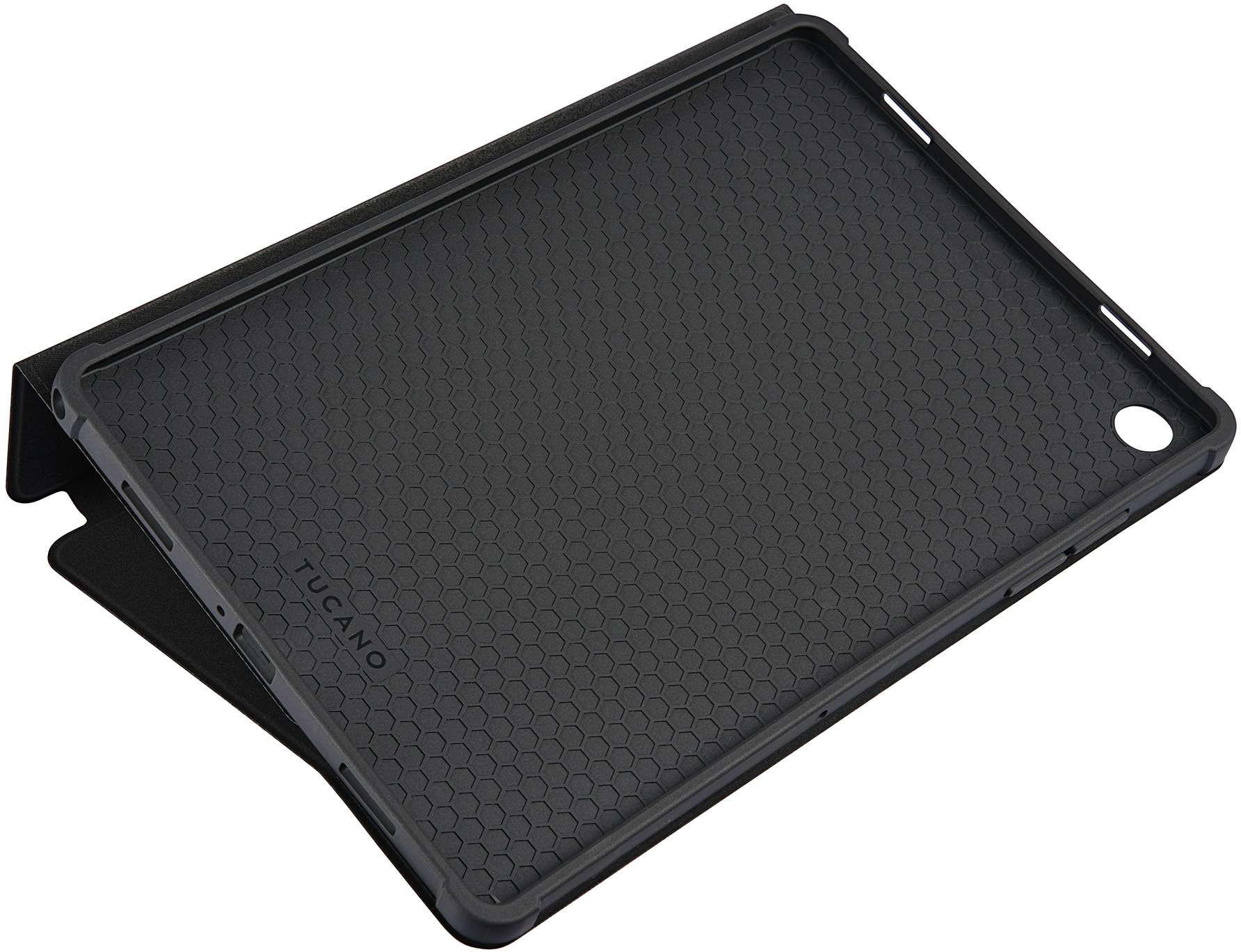 Schwarze Tablettasche mit strukturierter Innenseite und dem Markennamen 'Tucano'. Sie ist geöffnet.