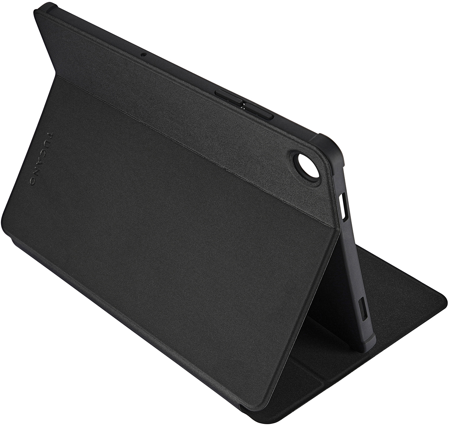 Schwarze Tablet-Hülle von Tucano, geöffnet und angewinkelt. Die Hülle befindet sich auf einer weißen Oberfläche.
