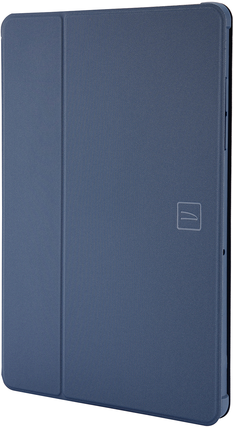 Eine blaue Tablethülle mit einem gefalteten Cover. Das Cover hat ein Logo.