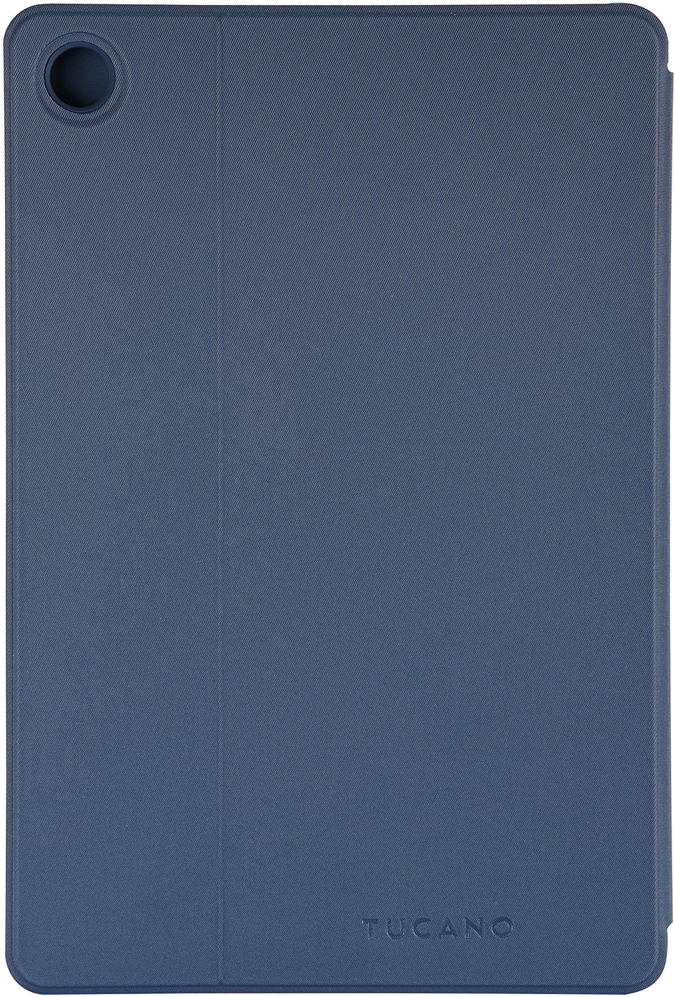 Eine blaue Tablet-Hülle mit einem Kamerloch oben links. Die Hülle ist gefaltet, mit dem Markennamen 'Tucano' unten.