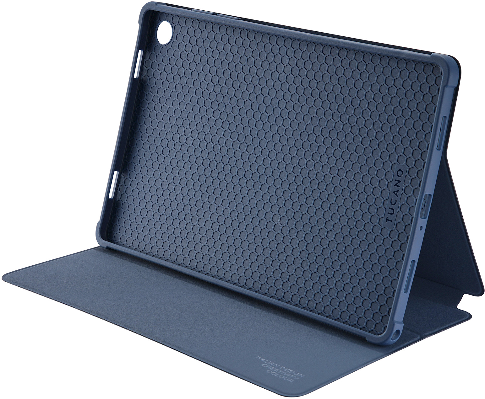 Blaue Tablet-Hülle mit Wabenmuster-Innenraum, offen, um den Bildschirmbereich zu zeigen, die Marke Tucano ist sichtbar.