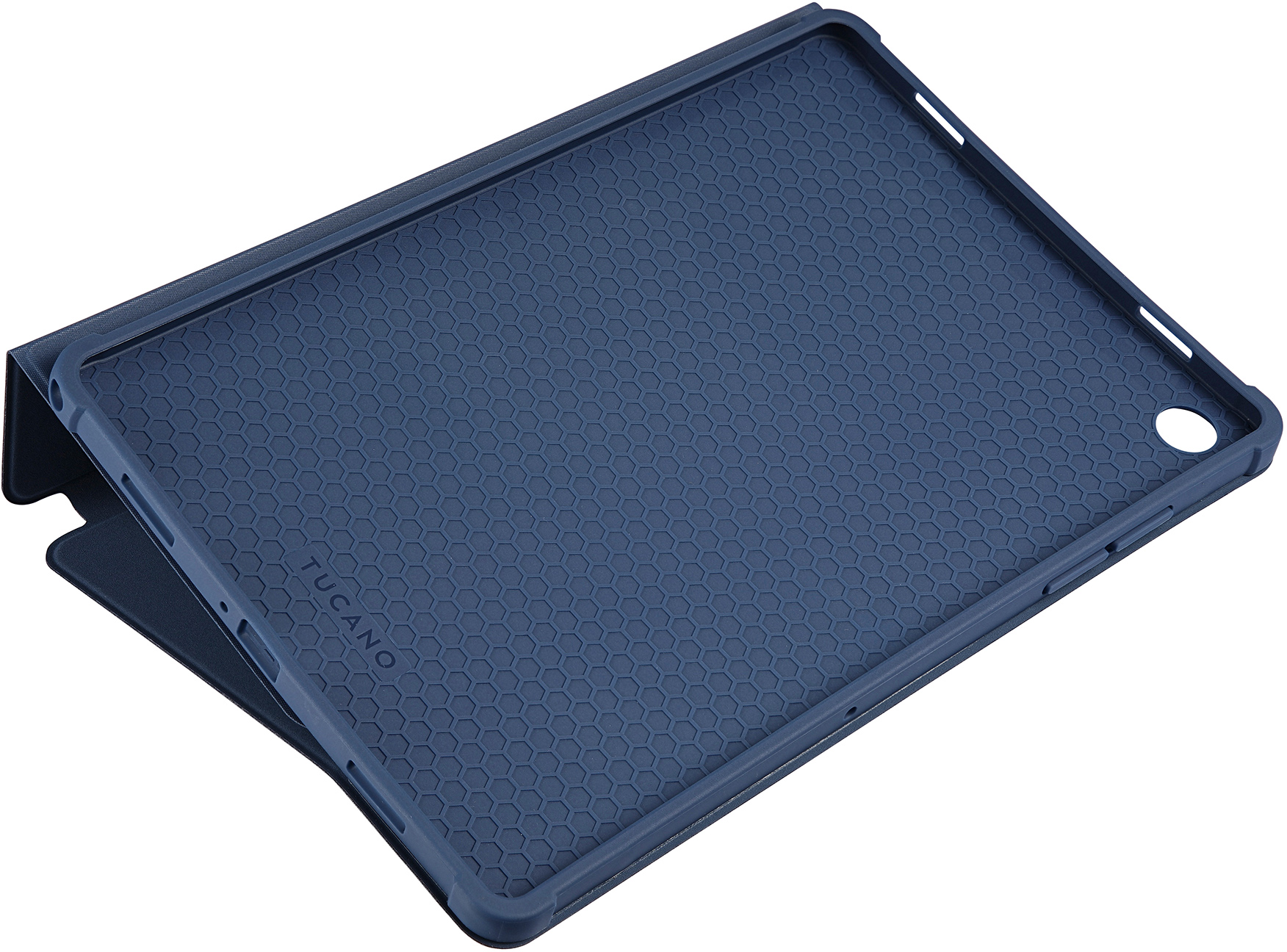 Eine blaue Tablethülle mit Wabenmuster. Die Hülle ist geöffnet und gibt den Blick ins Innere frei. Der Markenname 'TUCANO' ist sichtbar.