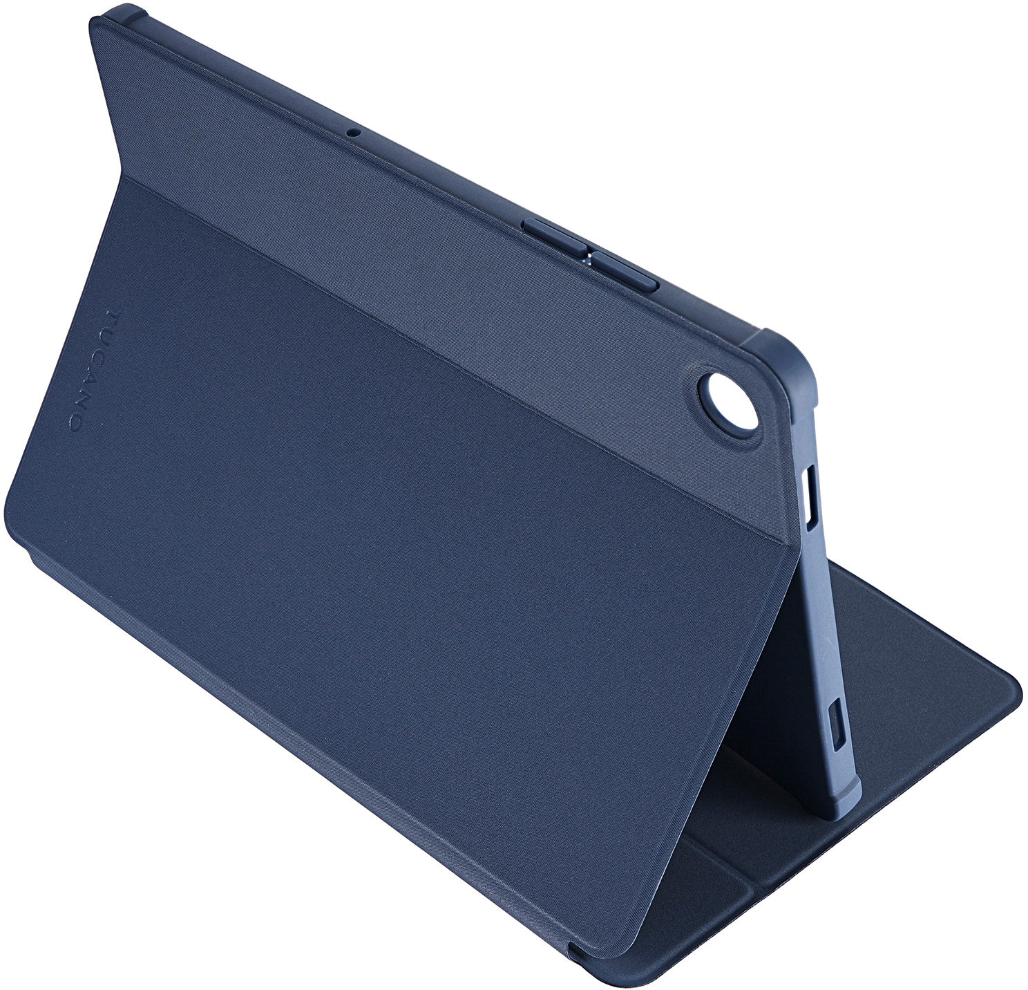 Eine blaue Tucano-Tablethülle ist geöffnet dargestellt. Das Tablet steht. Die Hülle befindet sich auf weißem Hintergrund.