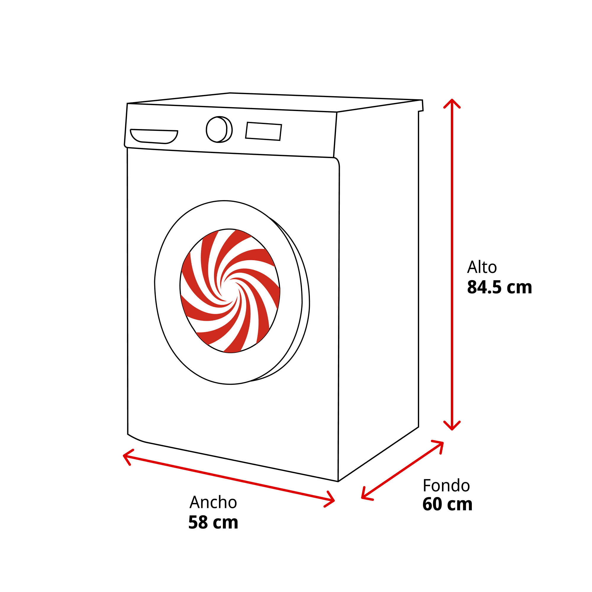 Un dibujo lineal de una lavadora. Es blanca con un diseño en espiral rojo y blanco en la puerta.