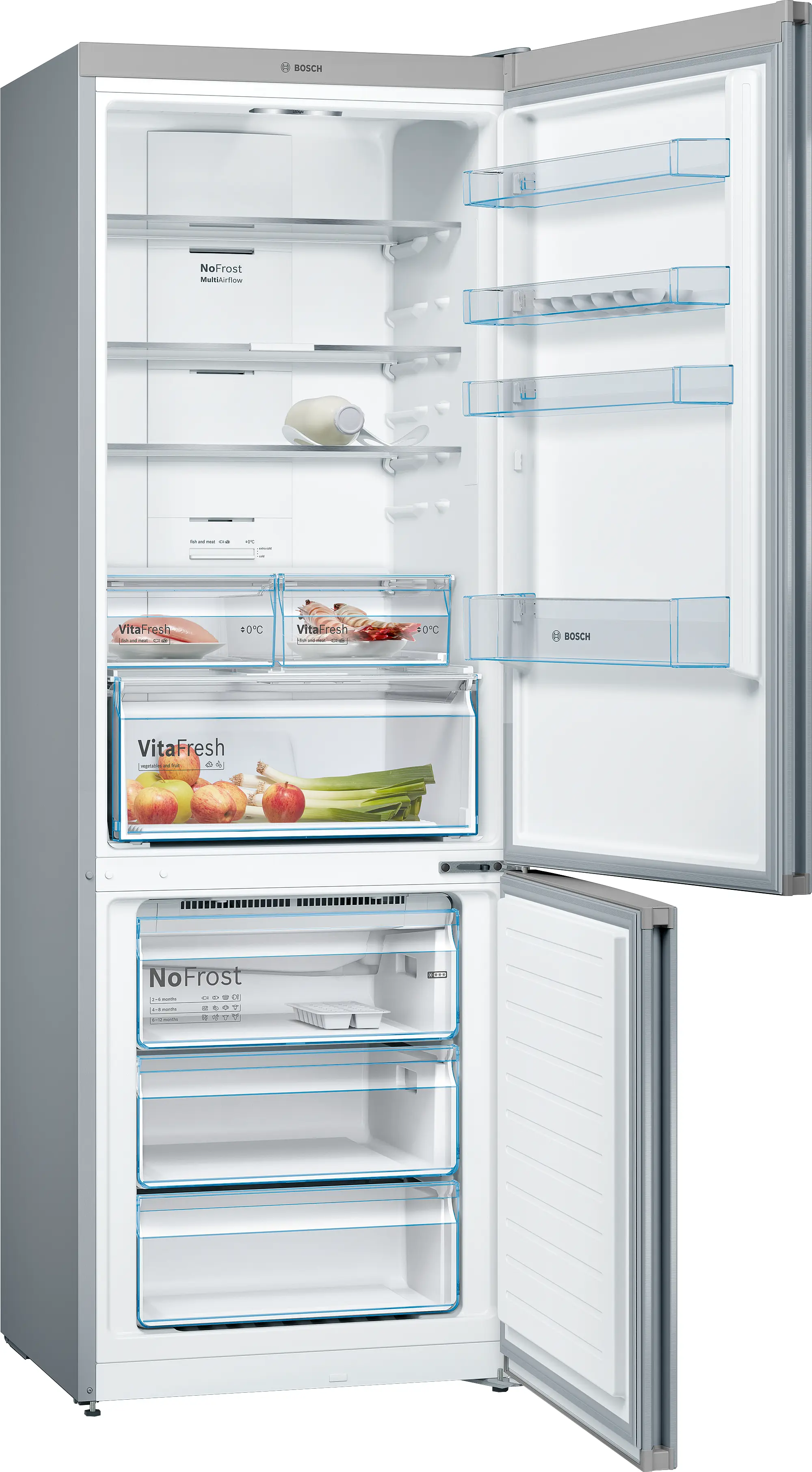 Refrigerador Bosch abierto. Dentro hay estantes y cajones con comida. Las puertas están abiertas. Exterior gris.
