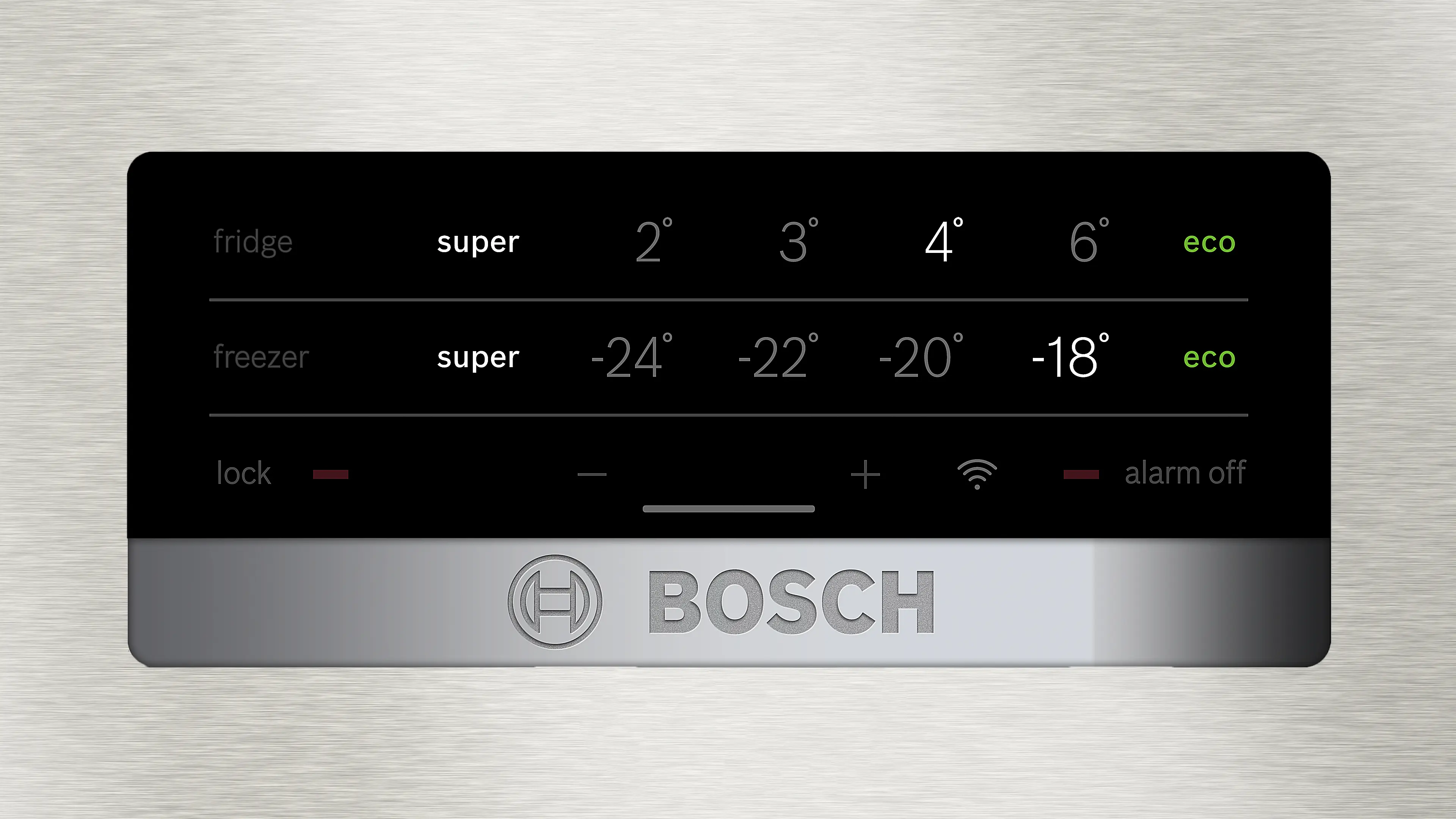 Pantalla de nevera Bosch. Muestra temperaturas de nevera y congelador, con modos 'eco' y 'super'. Muestra estado de bloqueo y alarma apagada.