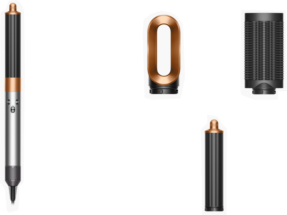 A képen egy Dyson hajformázó készlet látható, több tartozékkal: egy hajformázó, két hordó és egy kör alakú fej.