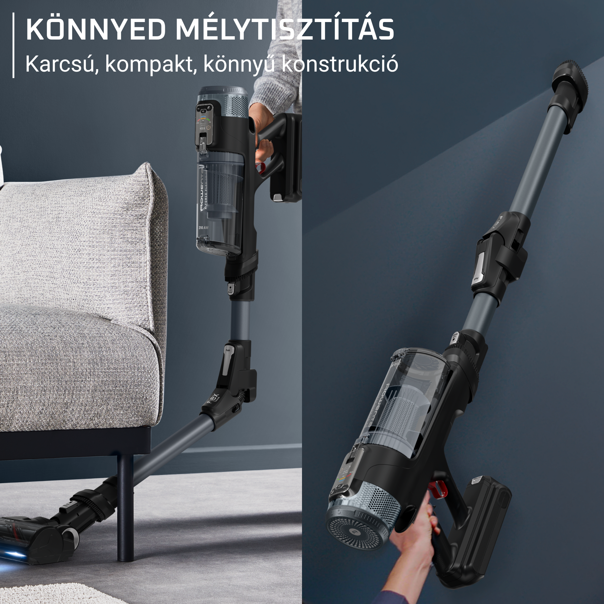 Egy fekete porszívót tart egy személy. A porszívó egy szürke kanapé közelében van. Felül a szöveg: mélytisztítás.